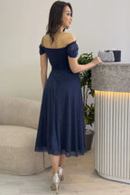 Kadın Lacivert Midi Boy Kloş Askılı Düşük Omuz Abiye Elbise