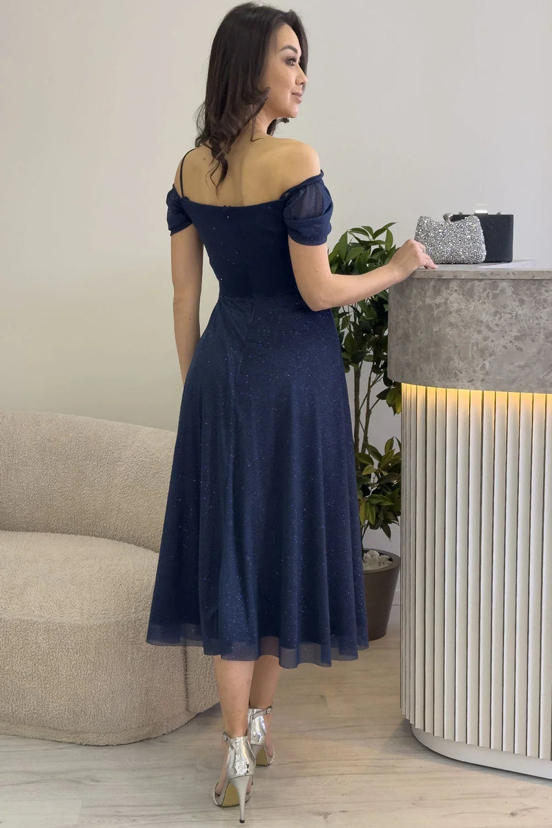 Kadın Lacivert Midi Boy Kloş Askılı Düşük Omuz Abiye Elbise