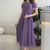 Kadın Lila Midi Boy Kloş Askılı Düşük Omuz Abiye Elbise