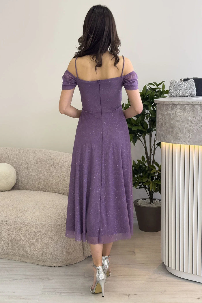 Kadın Lila Midi Boy Kloş Askılı Düşük Omuz Abiye Elbise