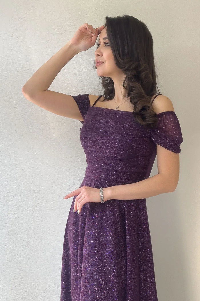 Kadın Mor Midi Boy Kloş Askılı Düşük Omuz Abiye Elbise