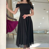 Kadın Siyah Midi Boy Kloş Askılı Düşük Omuz Abiye Elbise