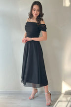 Kadın Siyah Midi Boy Kloş Askılı Düşük Omuz Abiye Elbise