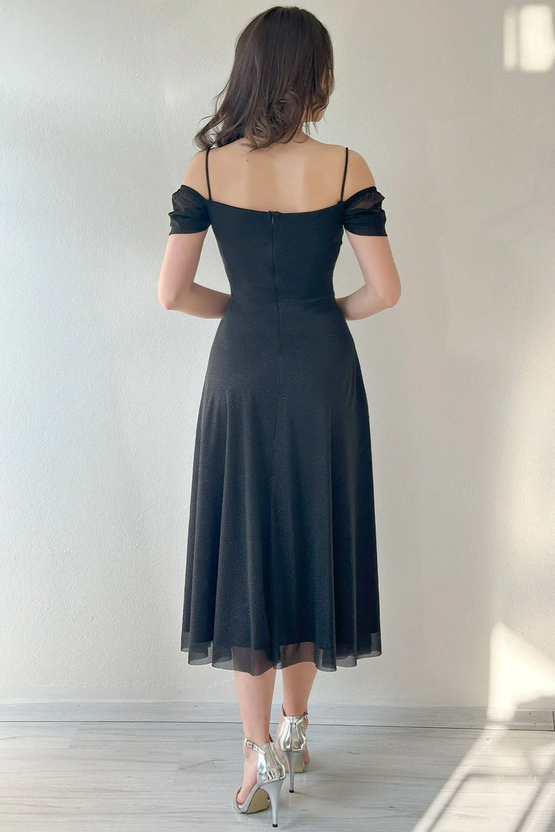 Kadın Siyah Midi Boy Kloş Askılı Düşük Omuz Abiye Elbise