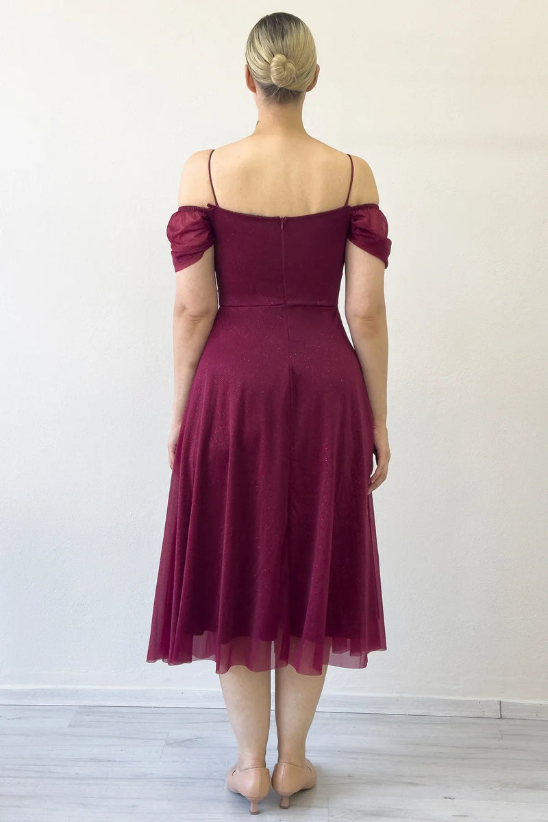 Kadın Bordo Midi Boy Kloş Askılı Düşük Omuz Abiye Elbise