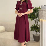 Kadın Bordo Fiyonk Detay Midi Kısa Kol Elbise