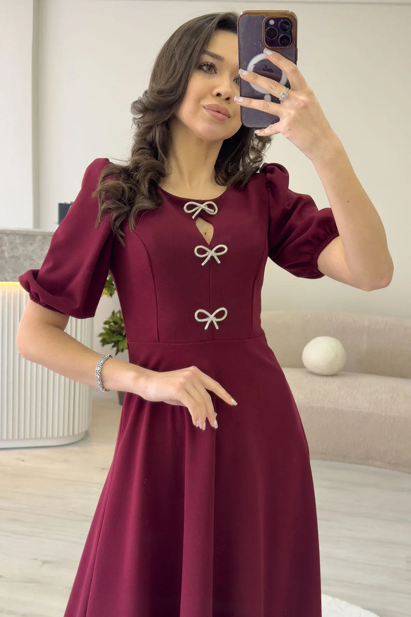 Kadın Bordo Fiyonk Detay Midi Kısa Kol Elbise