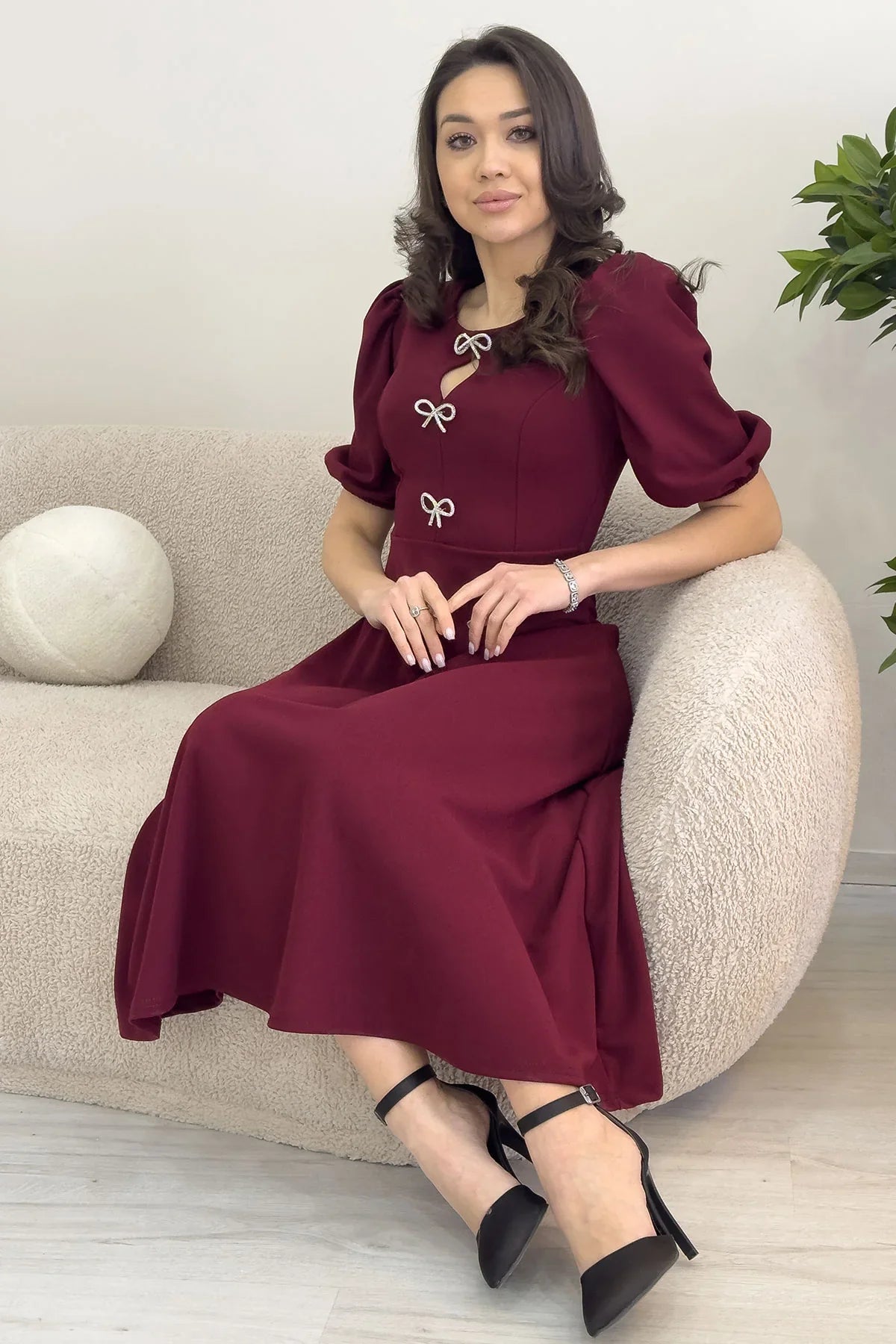 Kadın Bordo Fiyonk Detay Midi Kısa Kol Elbise