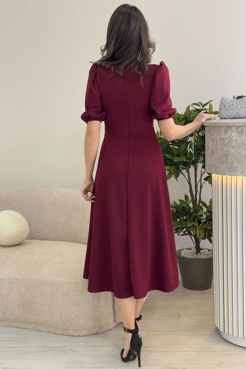 Kadın Bordo Fiyonk Detay Midi Kısa Kol Elbise