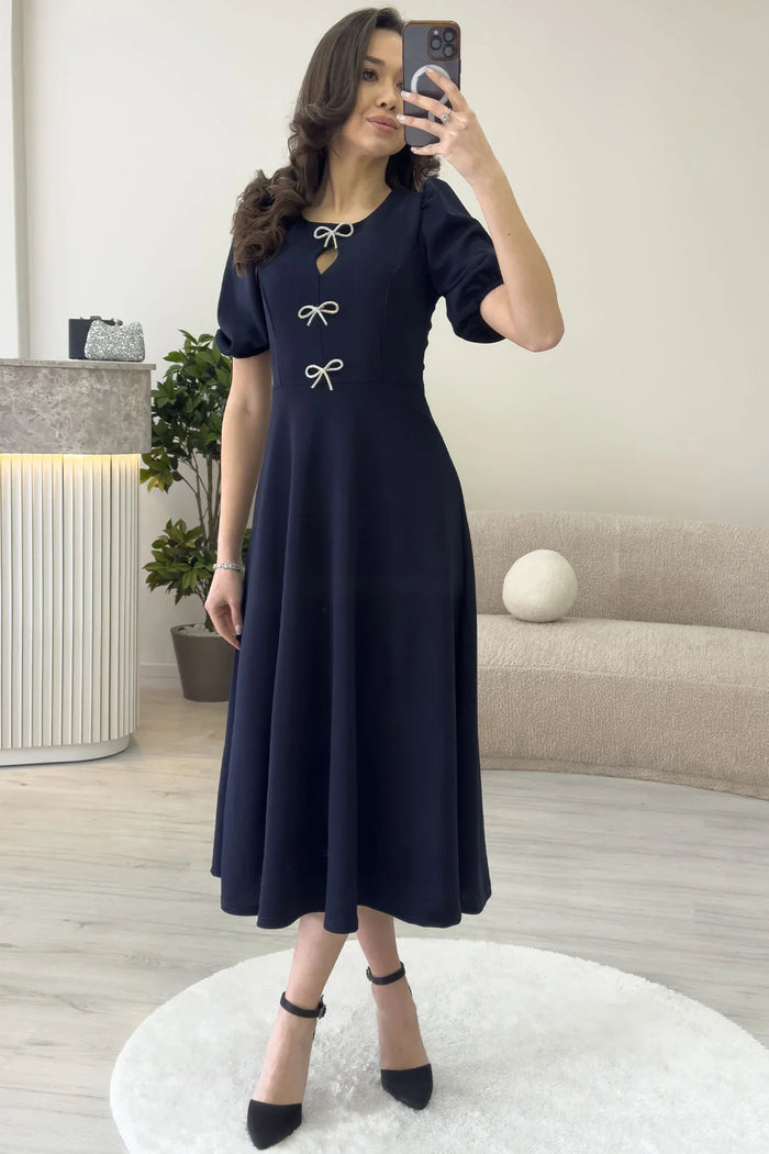 Kadın Lacivert Fiyonk Detay Midi Kısa Kol Elbise