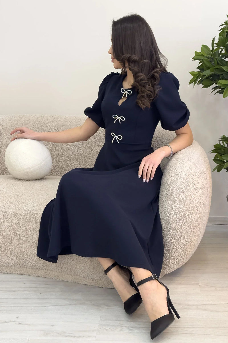 Kadın Lacivert Fiyonk Detay Midi Kısa Kol Elbise