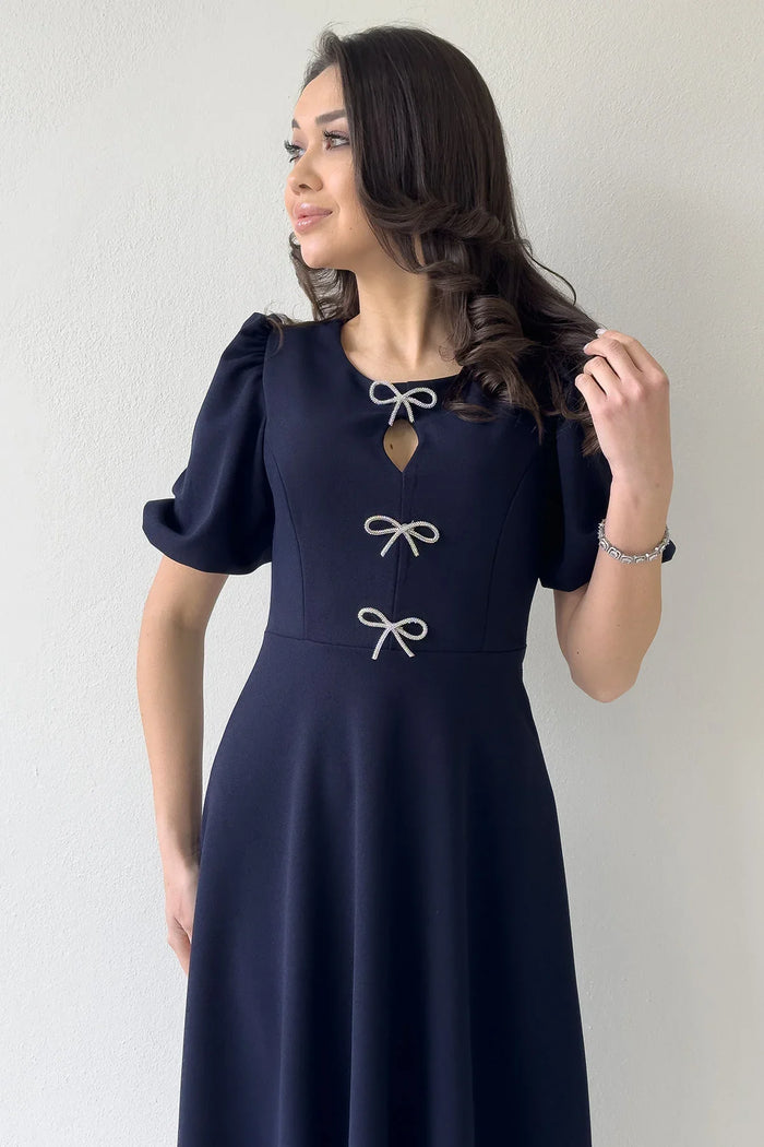 Kadın Lacivert Fiyonk Detay Midi Kısa Kol Elbise