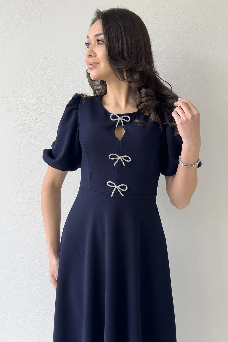 Kadın Lacivert Fiyonk Detay Midi Kısa Kol Elbise