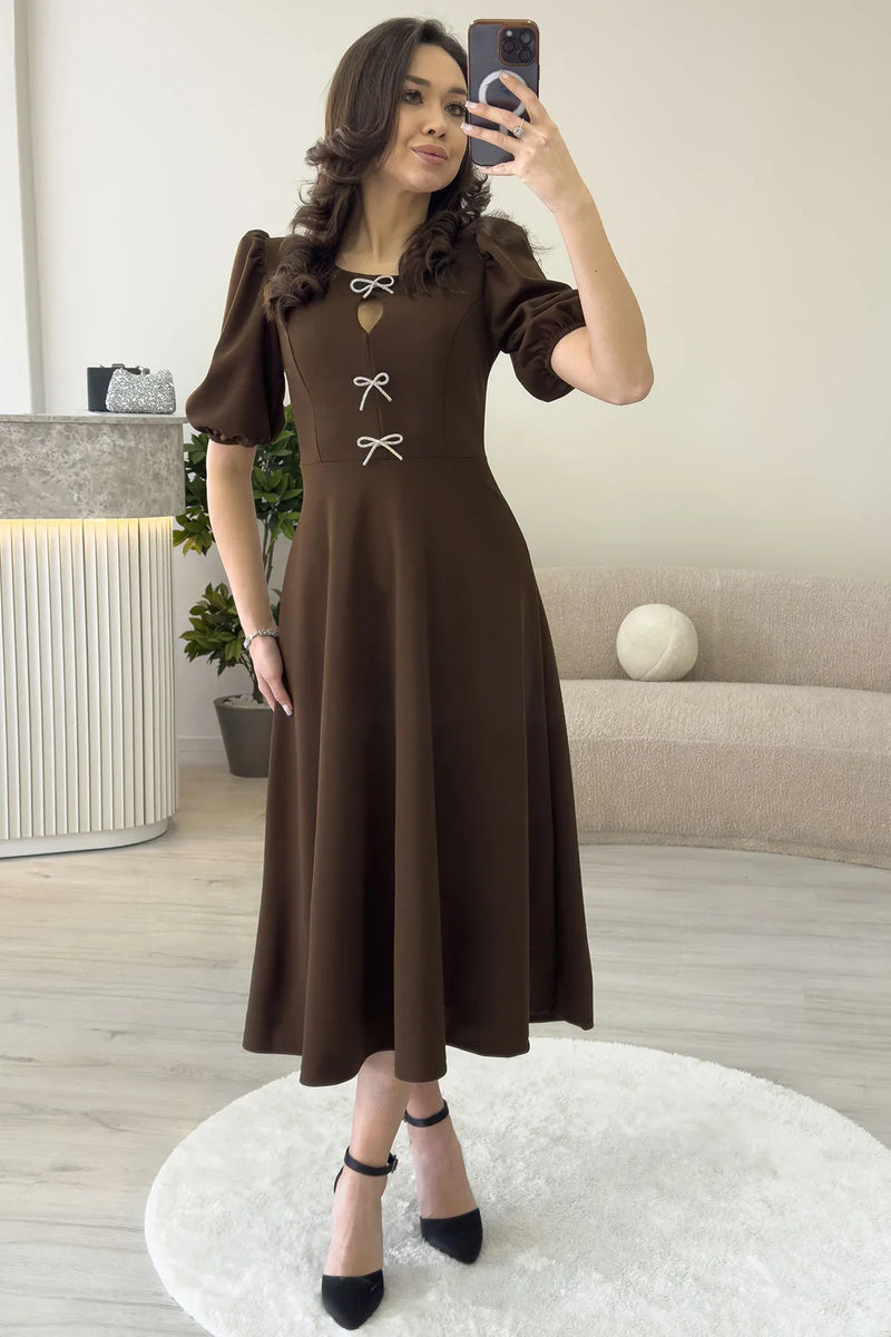 Kadın Taba Fiyonk Detay Midi Kısa Kol Elbise