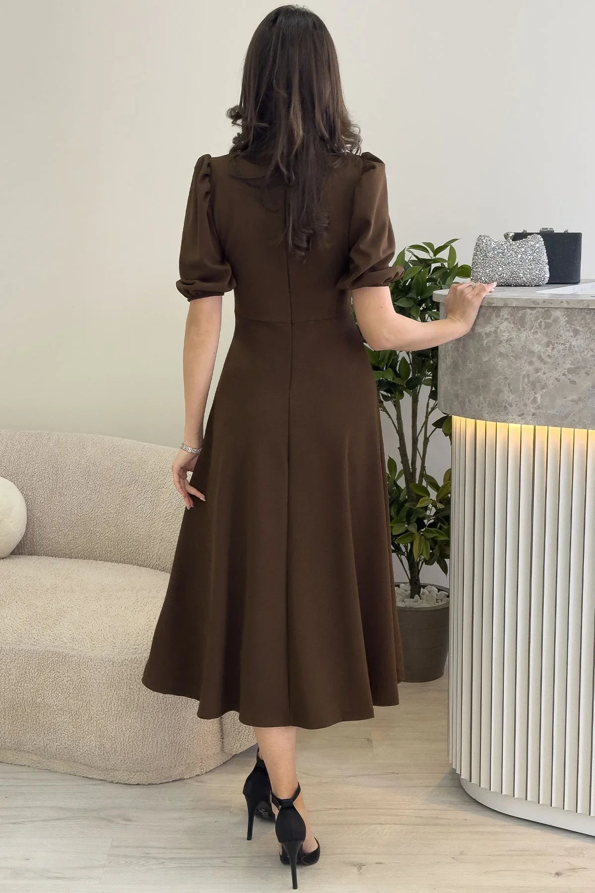 Kadın Taba Fiyonk Detay Midi Kısa Kol Elbise