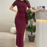 Kadın Bordo Kısa Kol Yandan Bağlamalı Maxi Elbise
