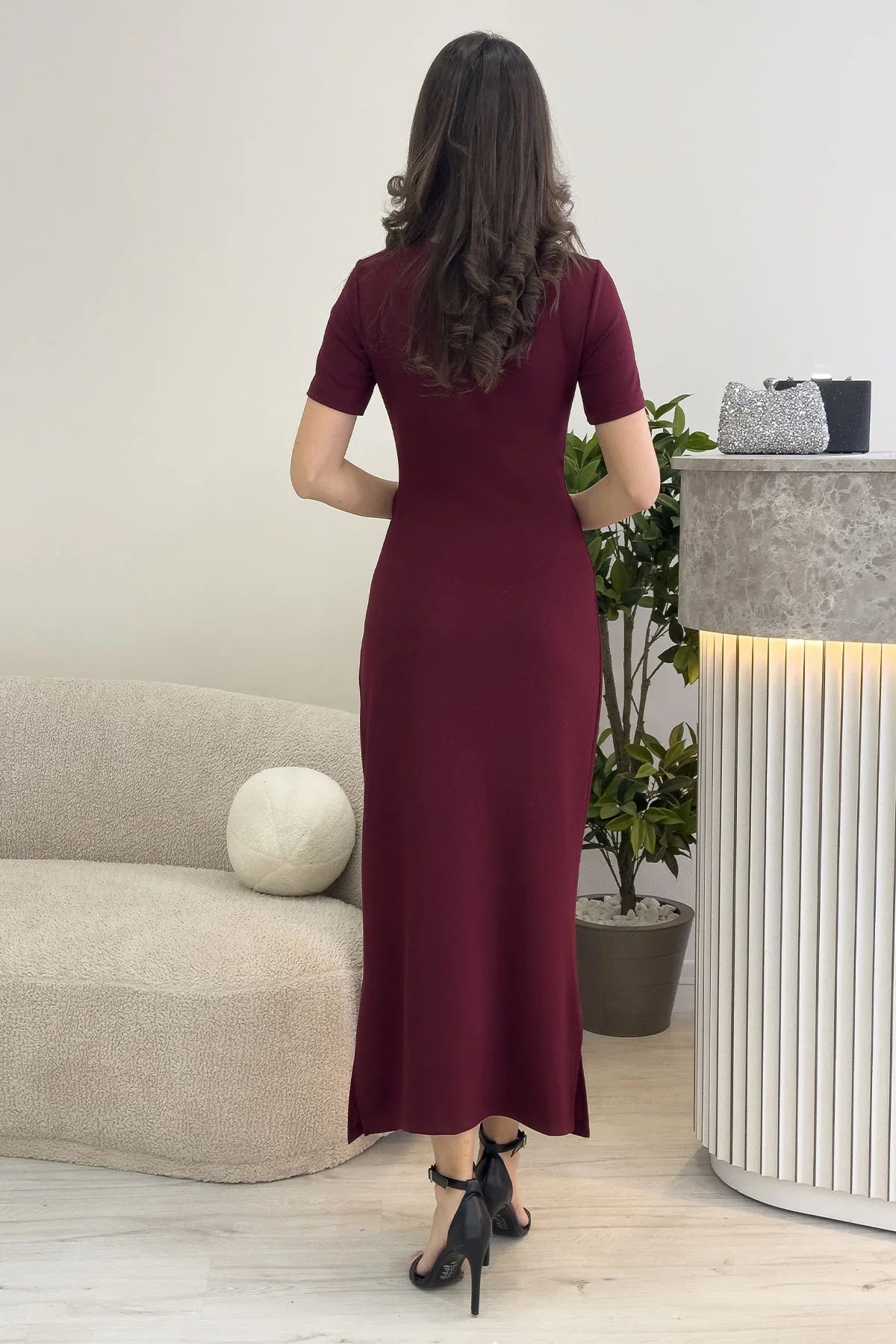 Kadın Bordo Kısa Kol Yandan Bağlamalı Maxi Elbise