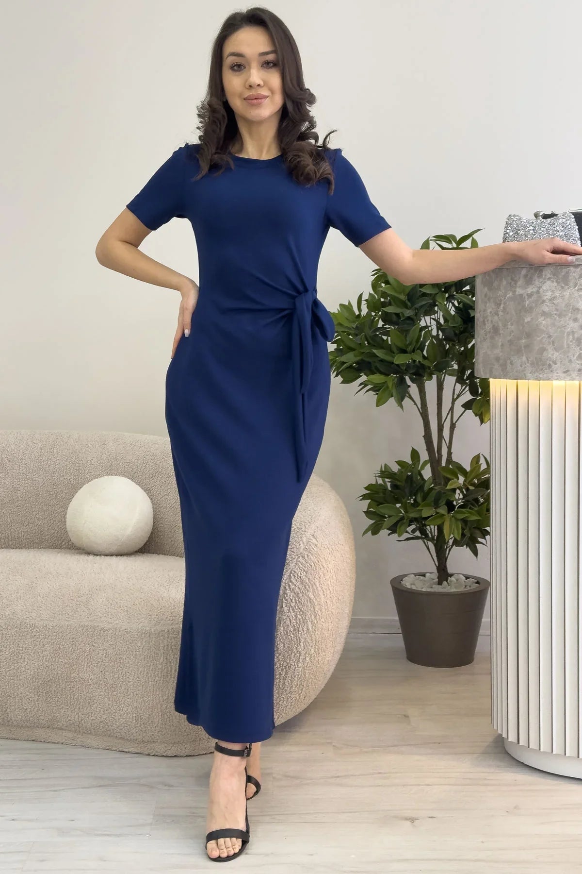 Kadın Lacivert Kısa Kol Yandan Bağlamalı Maxi Elbise