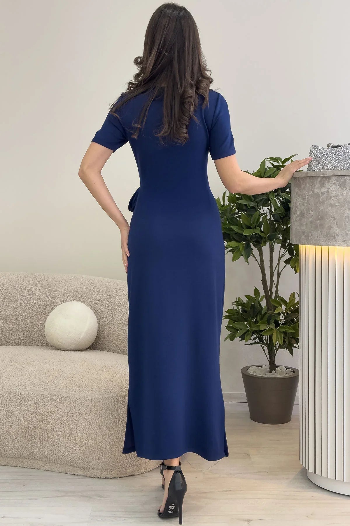 Kadın Lacivert Kısa Kol Yandan Bağlamalı Maxi Elbise