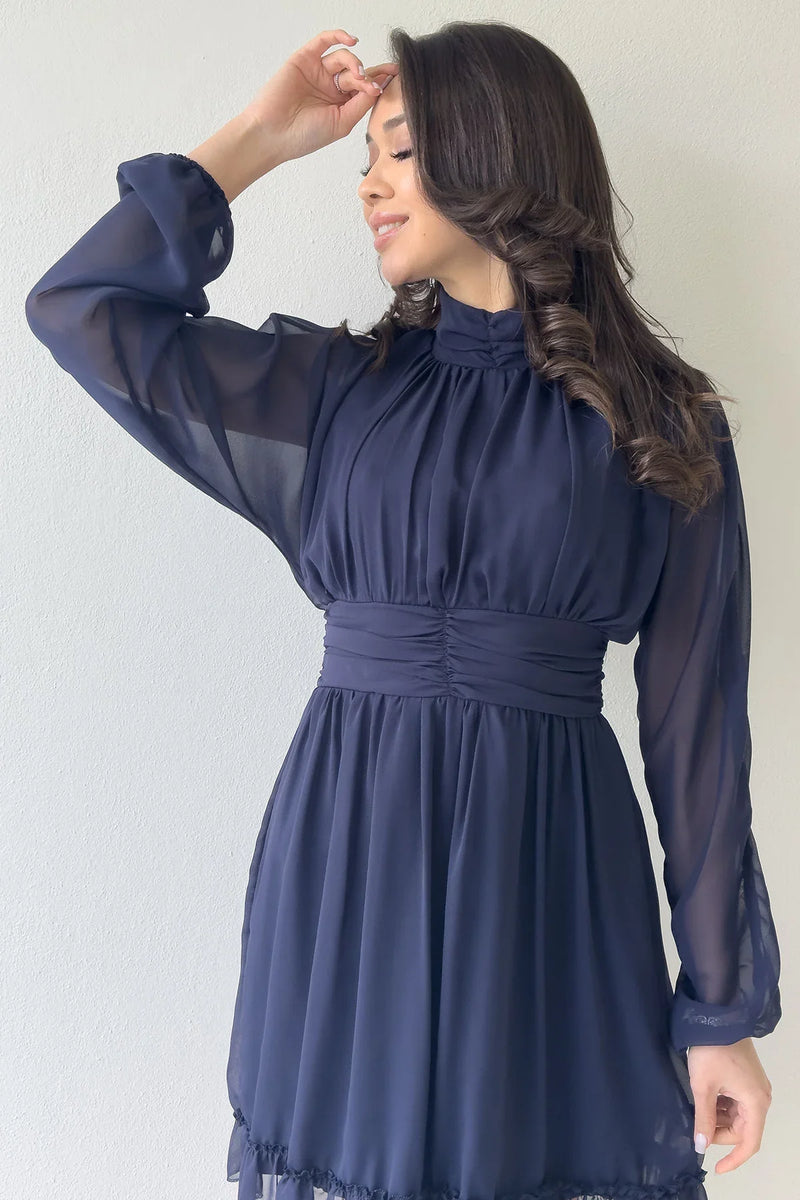 Kadın Lacivert Sırt Dekolte Etek Ucu Fırfırlı Mini Şifon Elbise