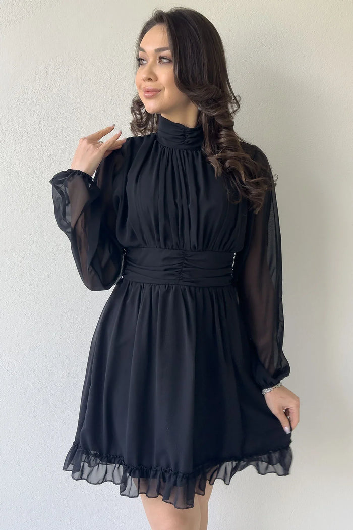 Kadın Siyah Sırt Dekolte Etek Ucu Fırfırlı Mini Şifon Elbise