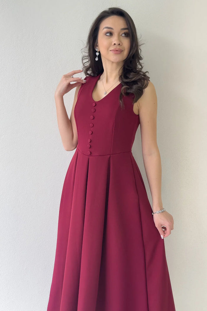 Kadın Bordo V Yaka Düğme Detay Piliseli Midi Boy Elbise