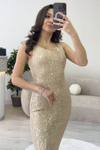 Kadın Bej Askılı Yırtmaçlı Pul Payet Abiye Elbise