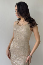 Kadın Bej Askılı Yırtmaçlı Pul Payet Abiye Elbise