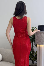 Kadın Kırmızı Askılı Yırtmaçlı Pul Payet Abiye Elbise