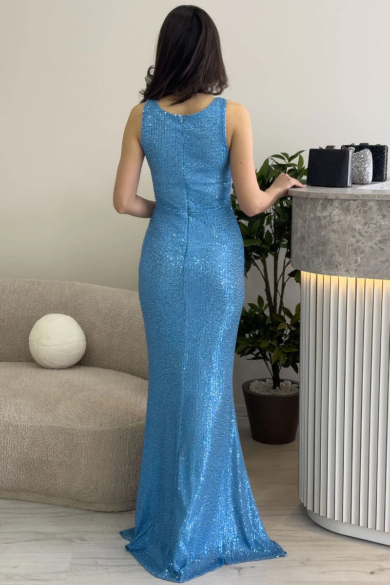 Kadın Turkuaz Askılı Yırtmaçlı Pul Payet Abiye Elbise