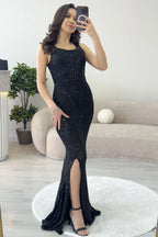 Kadın Siyah Askılı Yırtmaçlı Pul Payet Abiye Elbise