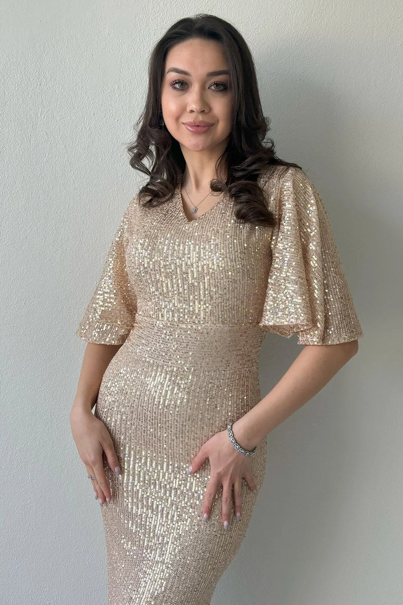 Kadın Bej Volan Kol Pul Payet Balık Abiye Elbise