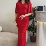 Kadın Kırmızı Volan Kol Pul Payet Balık Abiye Elbise