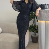 Kadın Siyah Volan Kol Pul Payet Balık Abiye Elbise