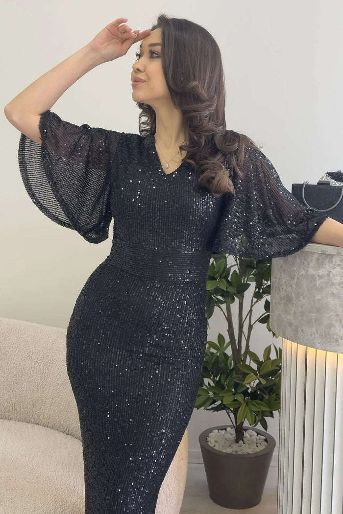 Kadın Siyah Volan Kol Pul Payet Balık Abiye Elbise