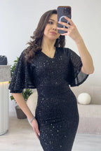 Kadın Siyah Volan Kol Pul Payet Balık Abiye Elbise