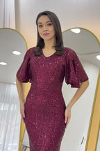 Kadın Bordo Volan Kol Pul Payet Balık Abiye Elbise