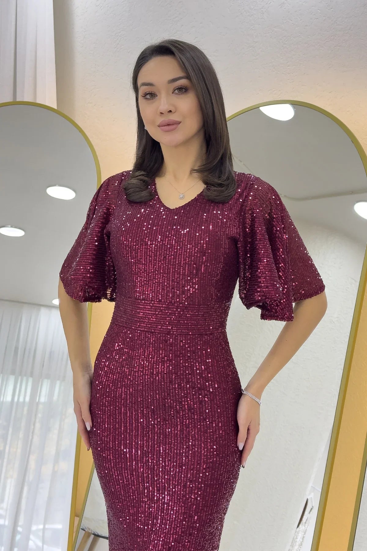Kadın Bordo Volan Kol Pul Payet Balık Abiye Elbise