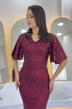 Kadın Bordo Volan Kol Pul Payet Balık Abiye Elbise