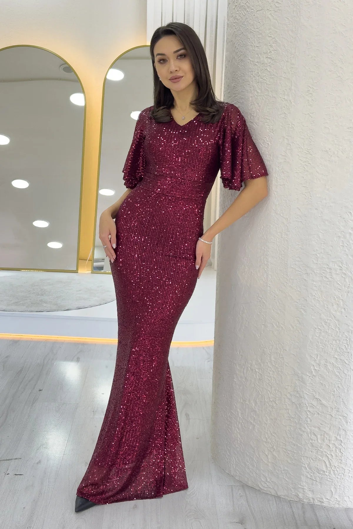 Kadın Bordo Volan Kol Pul Payet Balık Abiye Elbise