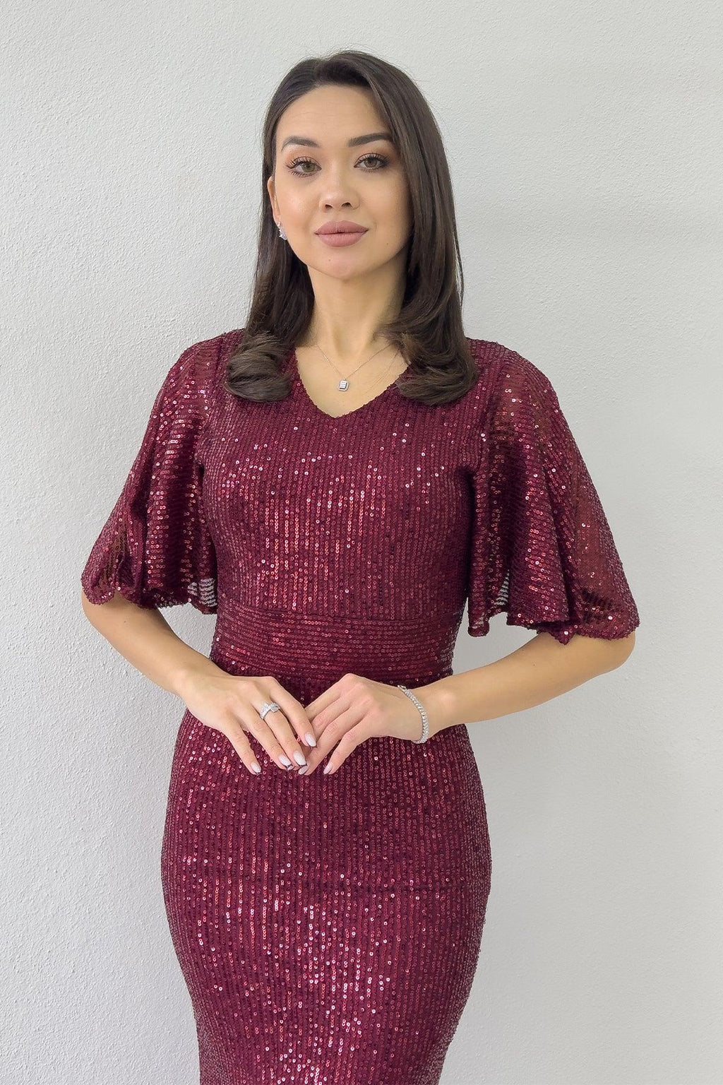 Kadın Bordo Volan Kol Pul Payet Balık Abiye Elbise