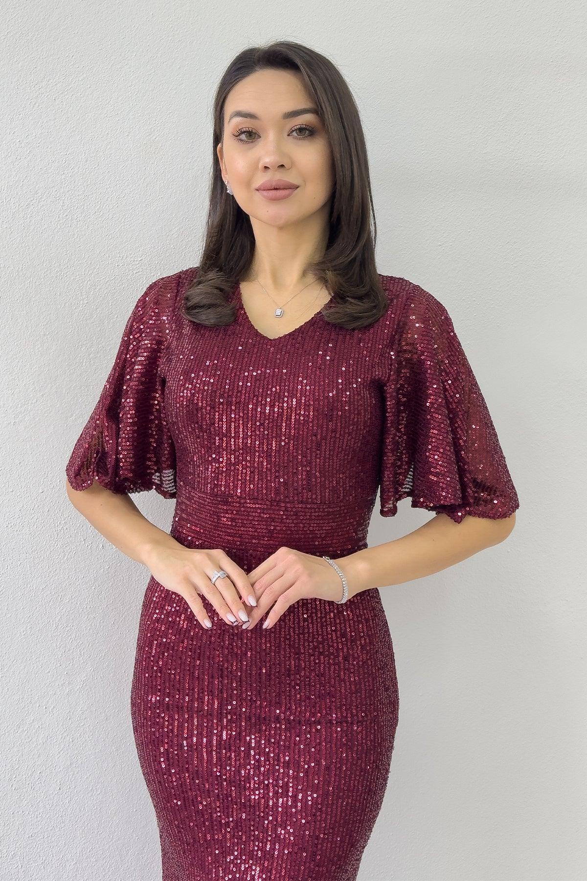 Kadın Bordo Volan Kol Pul Payet Balık Abiye Elbise