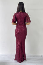 Kadın Bordo Volan Kol Pul Payet Balık Abiye Elbise