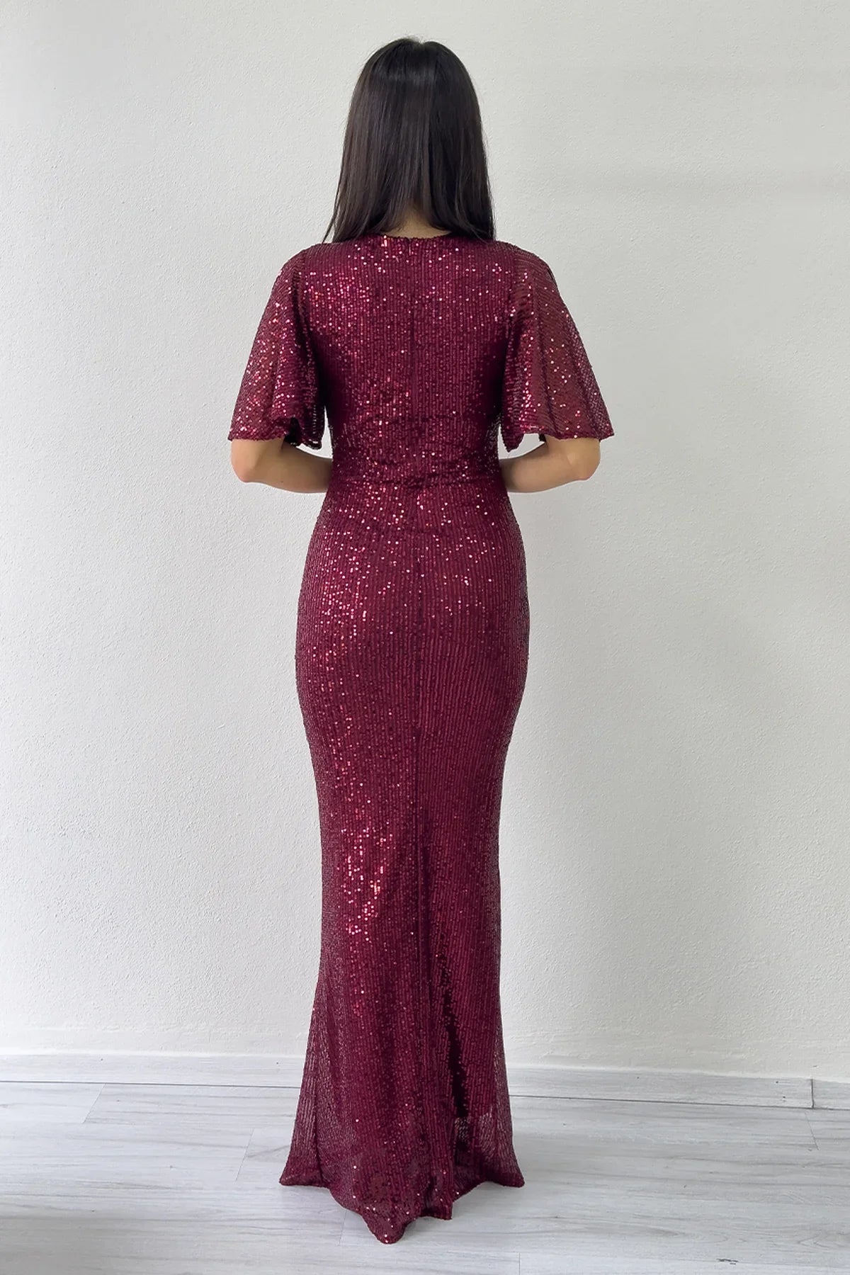Kadın Bordo Volan Kol Pul Payet Balık Abiye Elbise
