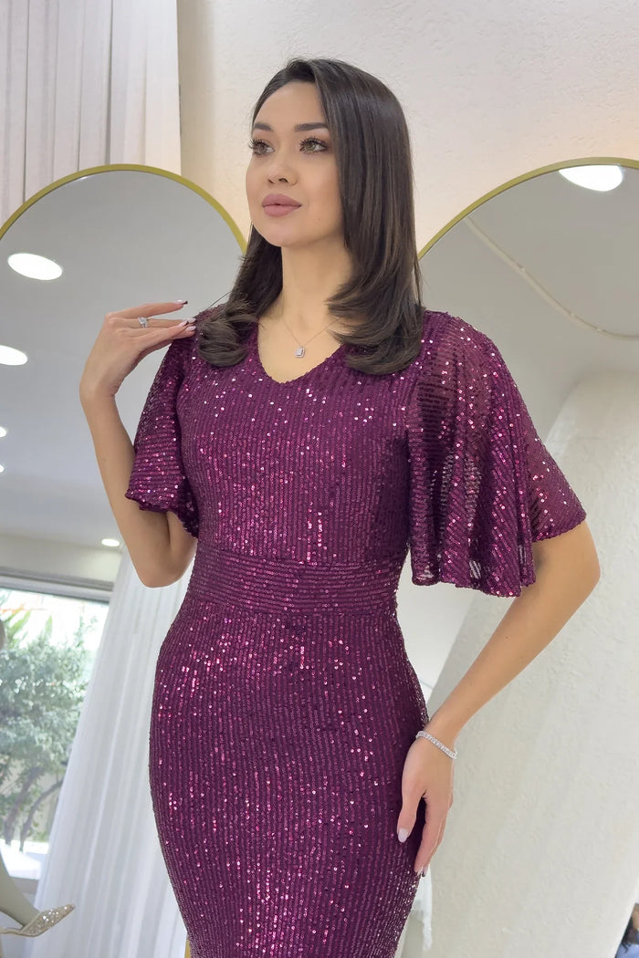 Kadın Mürdüm Volan Kol Pul Payet Balık Abiye Elbise