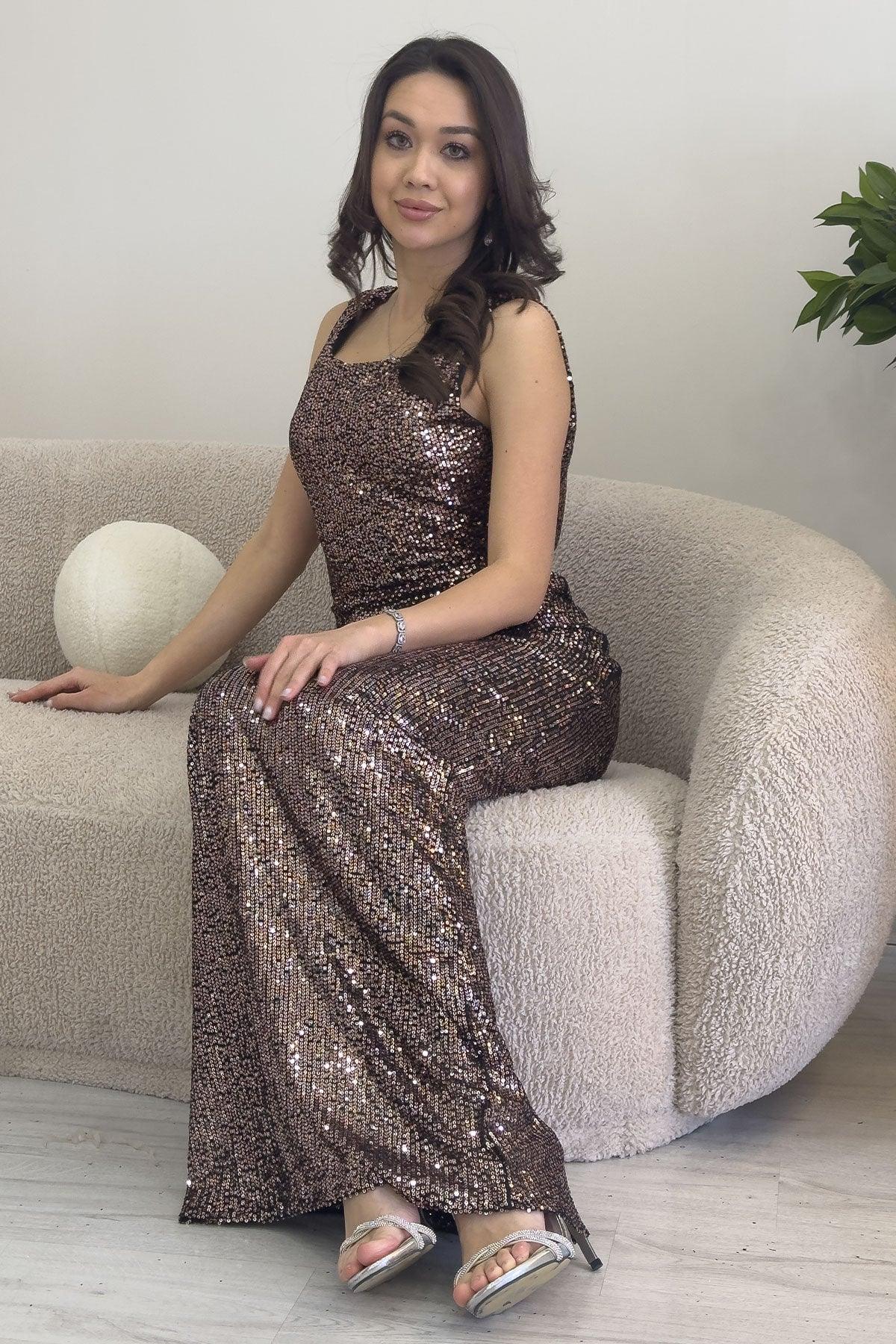 Kadın Vizon Sırt Dekolteli Askılı Pul Payet Büyük Beden Abiye Elbise