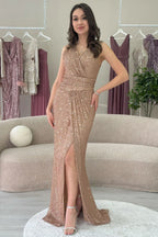 Kadın Bej Kruvaze Yaka Payet Tasarım Sıfır Kol Yırtmaçlı Balık Abiye Elbise