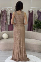 Kadın Bej Kruvaze Yaka Payet Tasarım Sıfır Kol Yırtmaçlı Balık Abiye Elbise