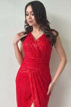 Kadın Kırmızı  Kruvaze Yaka Payet Tasarım Sıfır Kol Yırtmaçlı Balık Abiye Elbise