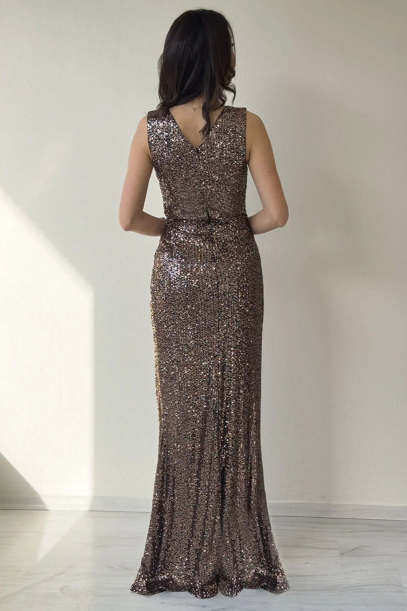 Kadın Vizon Kruvaze Yaka Payet Tasarım Sıfır Kol Yırtmaçlı Balık Abiye Elbise